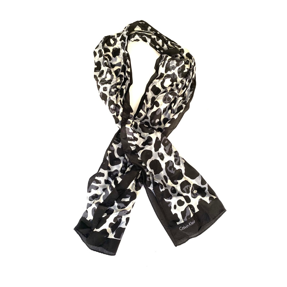 Calvin Klein Womens Black Grey Leopard Print Oblong Scarf Animal Pattern Logo
